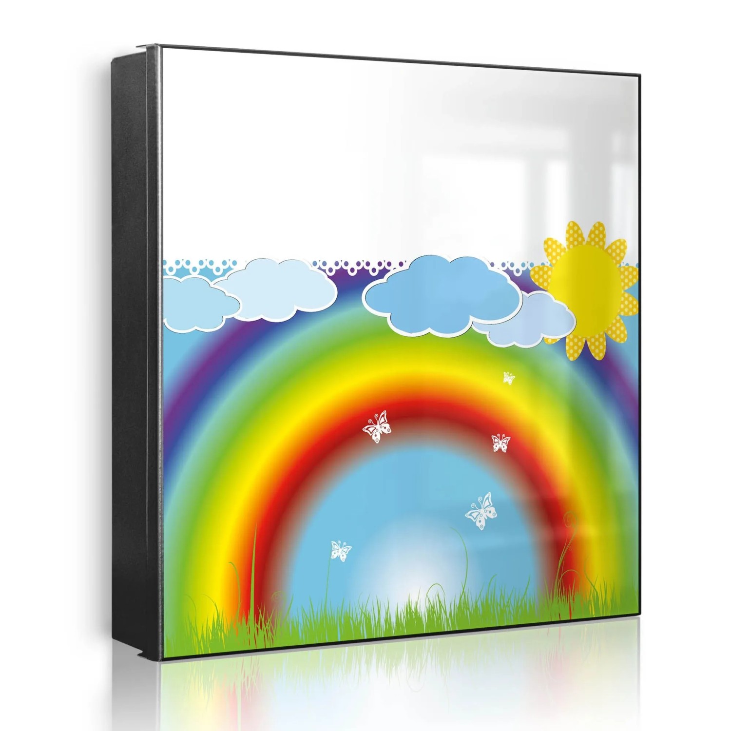 Banjado Großer Schlüsselkasten Metall 30x30cm Schwarz Scharnier Links 50 Haken Beschreibbar Magnetisch Motiv Regenbogen
