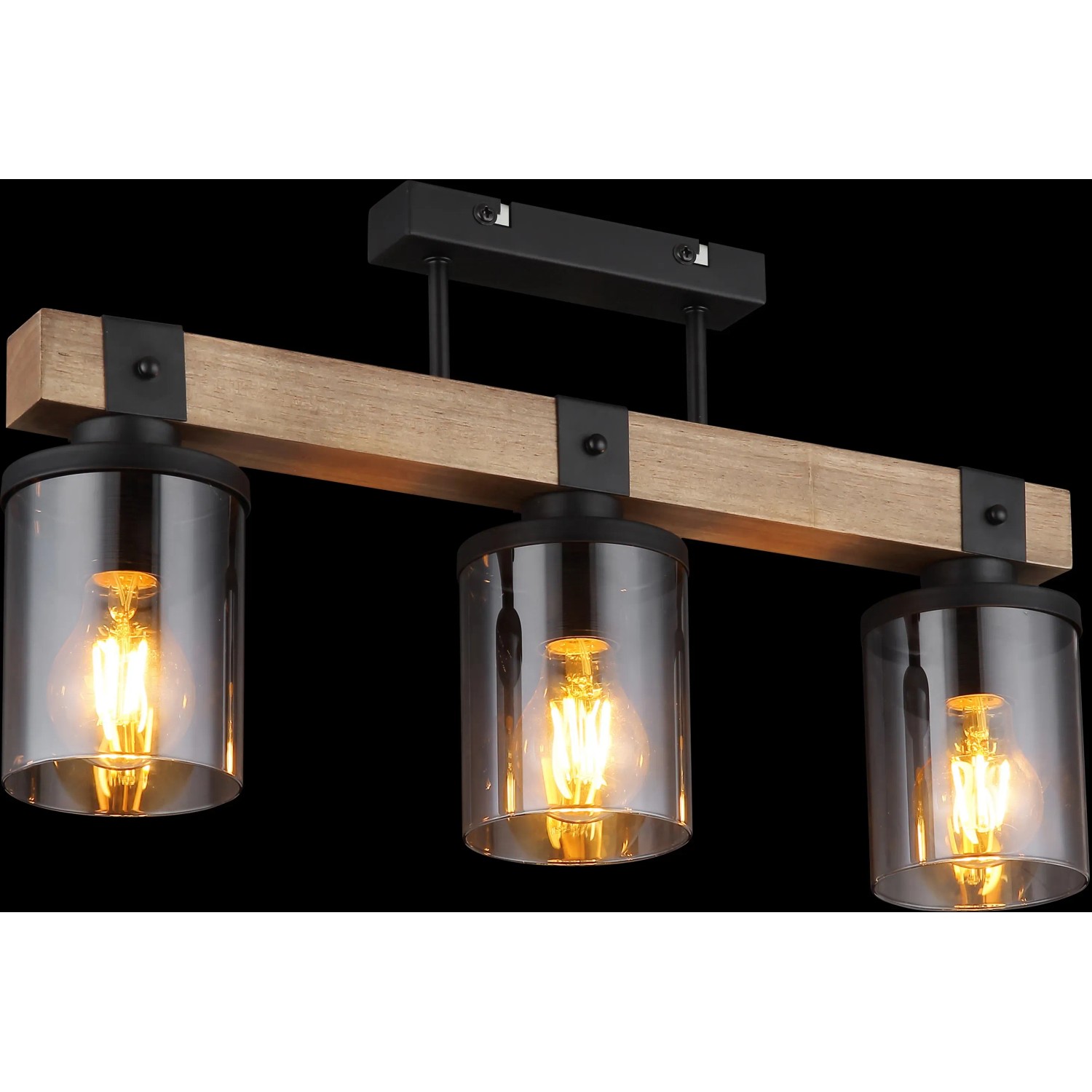 Globo Deckenleuchte mit 3 Rauchglas-Lampen, schwarz matt und Holzoptik. Moderne Lampe für Wohnräume.