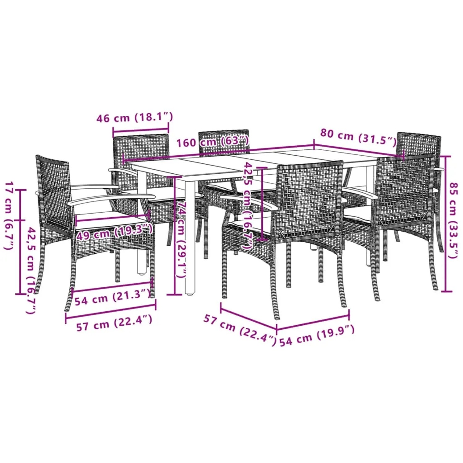 7-tlg. Garten Essgruppe Grau Poly Rattan mit Tisch und 6 Stühlen mit Kissen.