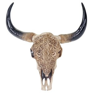 Deko Schädel Longhorn mit Tribal-Muster, detailreich für Western-Fans als Wanddeko.