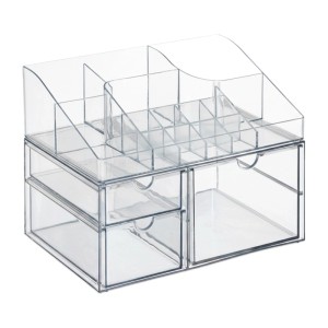 Transparenter Make-up Organizer aus Kunststoff mit 3 Schubladen und vielen Fächern für Kosmetik.