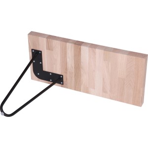 Schwarzes Hairpin Bankgestell 180x420 mm an einer Holzplatte befestigt.