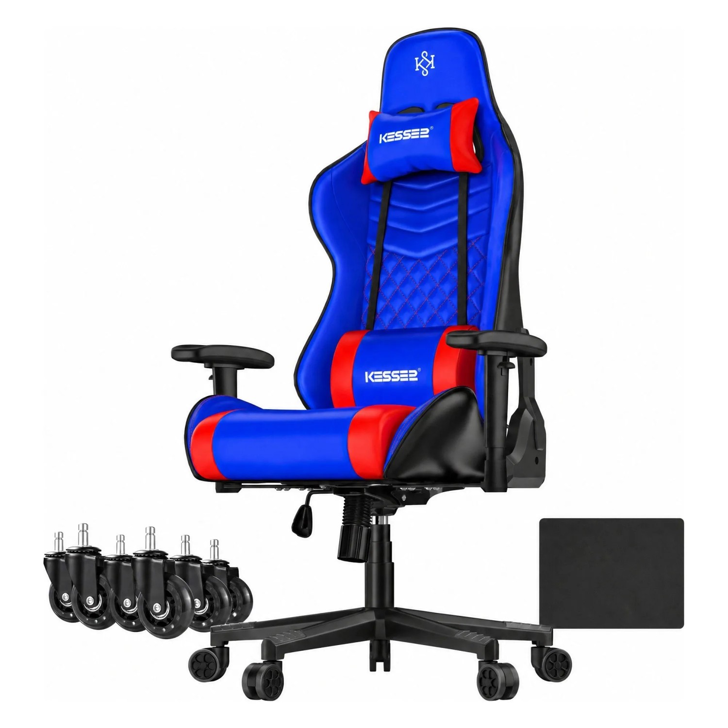 KESSER Gaming Stuhl Ergonomisch mit Kopfstütze 150 kg Belastbar Blau Rot