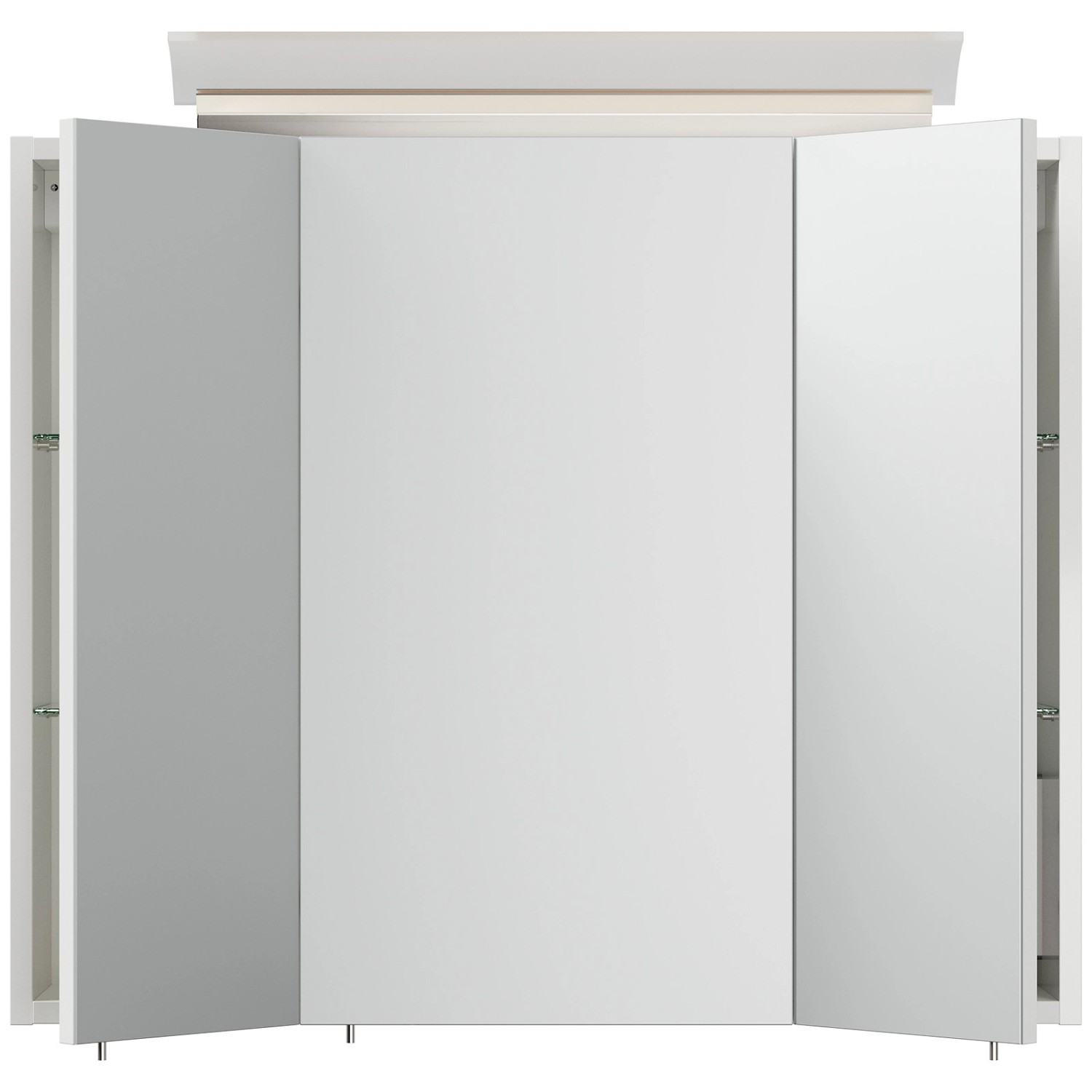 Posseik Spiegelschrank 75 cm, weiß hochglanz, mit LED-Lampe und Glasböden.