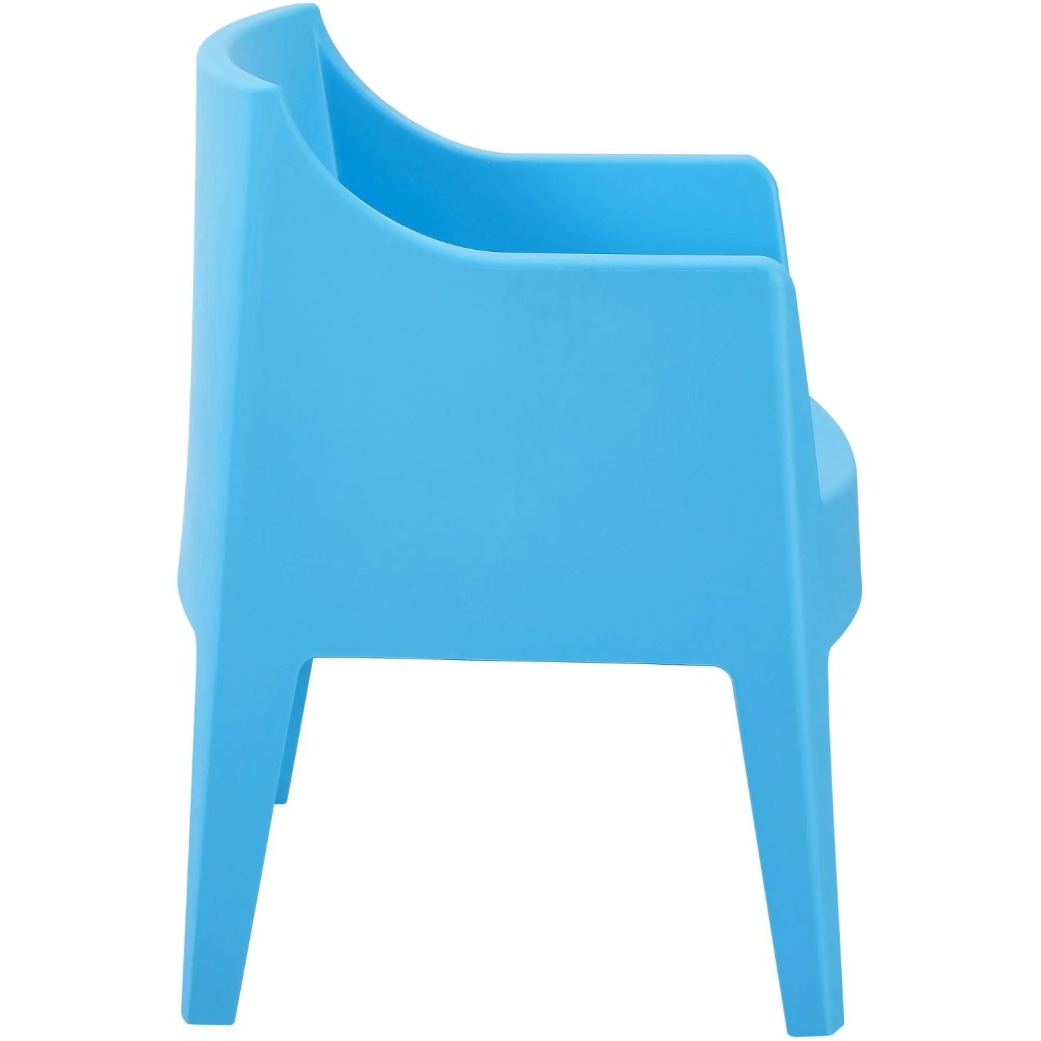 Blauer Kunststoff-Gartenstuhl HENRI mit Armlehnen, stapelbar. Moderner Loungestuhl für Garten & Outdoor.