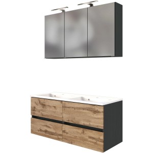 Held Möbel Waschtisch-Set Bari, 120 cm, Wotaneiche/Graphitgrau, mit Doppelwaschbecken und Spiegelschrank.