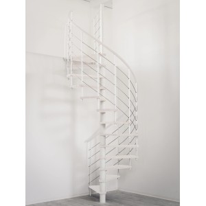 Weiße Minka Spindeltreppe Venezia mit Holzstufen und Edelstahlgeländer, Durchmesser 120 cm.