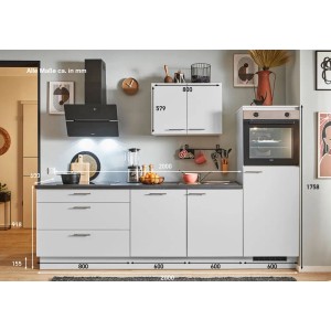 Moderne pino Küchenzeile in Kaschmirgrau, 260 cm breit, mit Geräteschrank und Elektrogeräten.