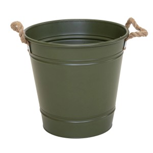 Olivgrüner Zinkeimer (44x46 cm) mit Seilgriffen, ideal als Pflanzkübel oder zur Aufbewahrung.