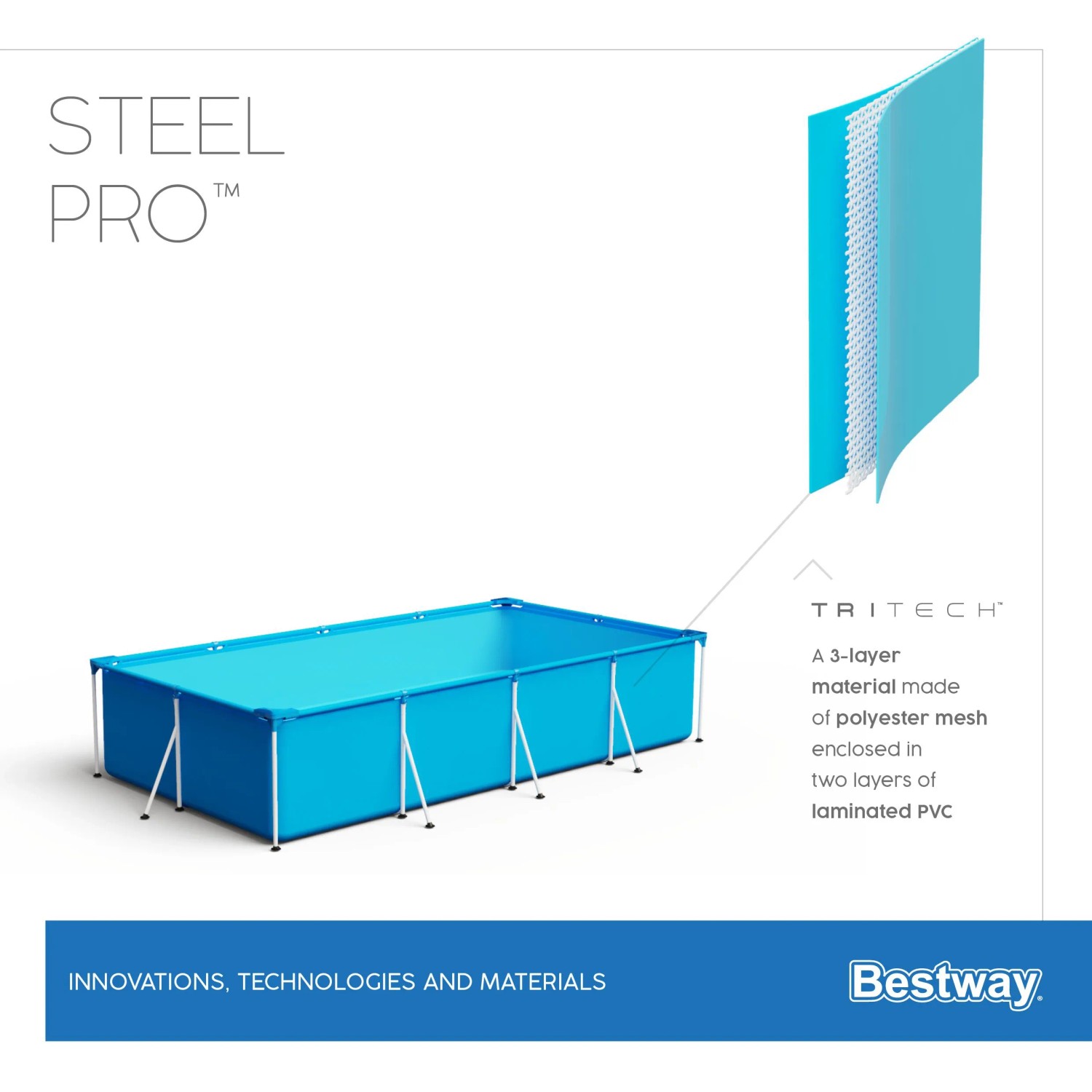 Eckiger Steel Pro Frame Pool (259x170x61cm) von Bestway in Blau.