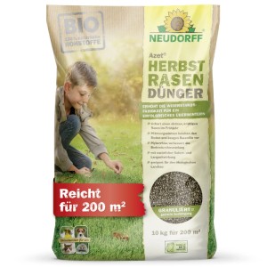 Neudorff Azet Herbstrasen-Dünger 10 kg. Granulat für Frosthärte, kräftigen Rasen. Kind auf Rasen, sicher für Mensch & Tier.