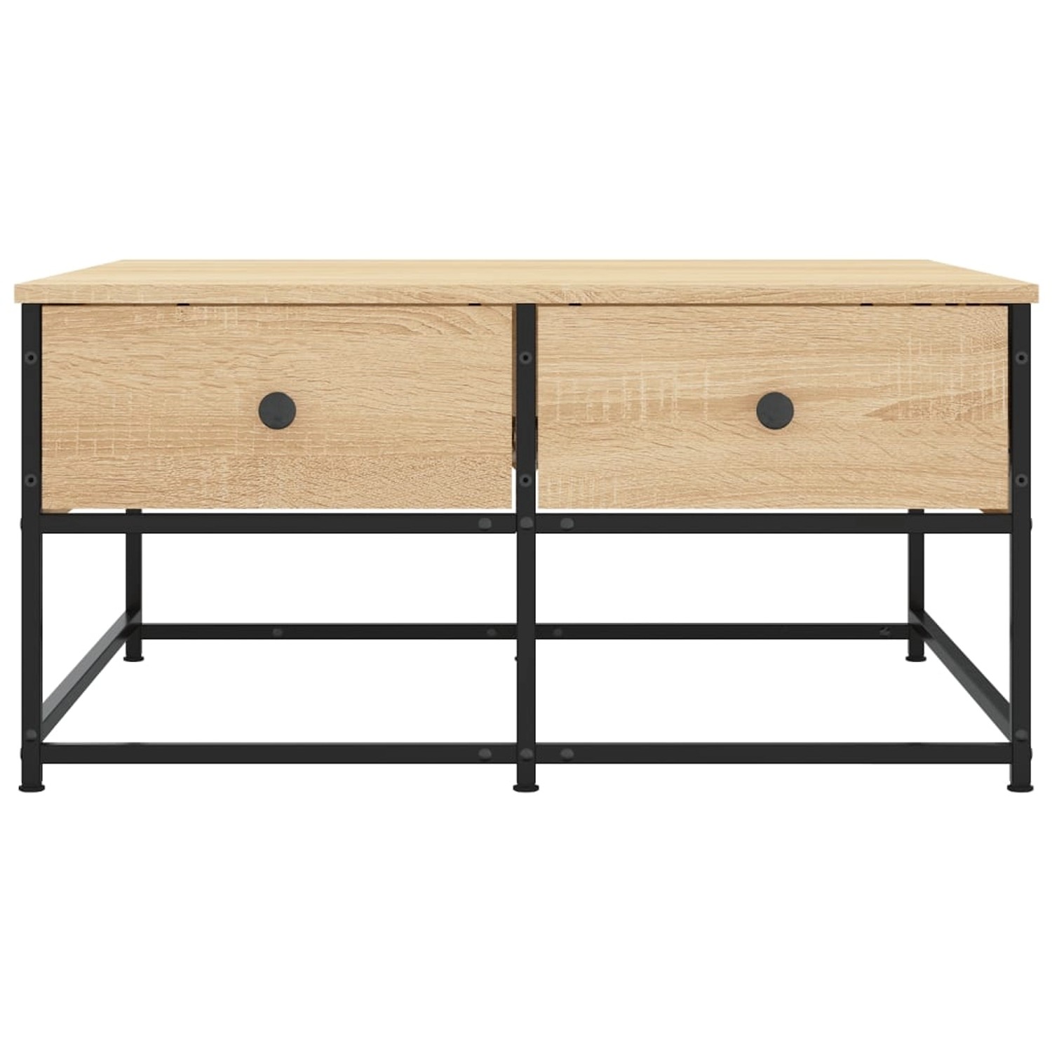 Moderner Couchtisch Sonoma-Eiche mit 2 Schubladen und schwarzem Metallgestell.
