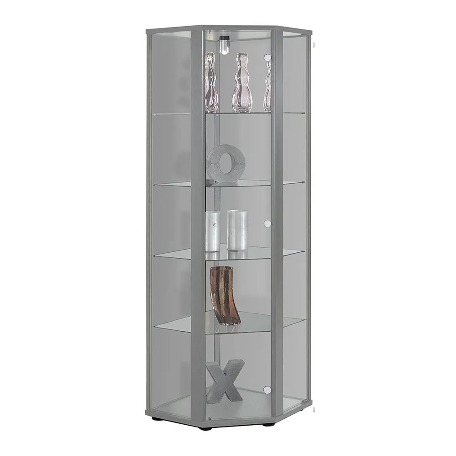 K-Möbel Eckvitrine Glas Stehend 176x56,5x56,5 cm Made in Germany mit LED & 4 Glasböden Silber