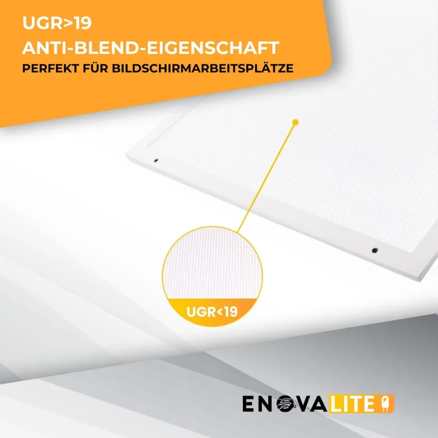 Detailaufnahme des blendfreien ENOVALITE LED Panel 60x60 cm, ideal für Bildschirmarbeitsplätze.