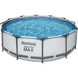 Bestway Stahlrahmen-Pool Set Steel Pro Max, Ø 366 cm, rund, hellgrau, mit Wasser gefüllt.