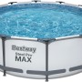 Bestway Stahlrahmen-Pool Set Steel Pro Max, Ø 366 cm, rund, hellgrau, mit Wasser gefüllt.