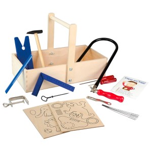 Pebaro Laubsäge-Set, 20-teilig in Schreinerkiste aus Holz mit Werkzeugen wie Hammer, Säge, Feile und Vorlagen.