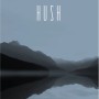 Komar Wandbild Word Lake Steel, 40x50 cm: Bergsee-Motiv mit "Hush" Schriftzug in Grau.