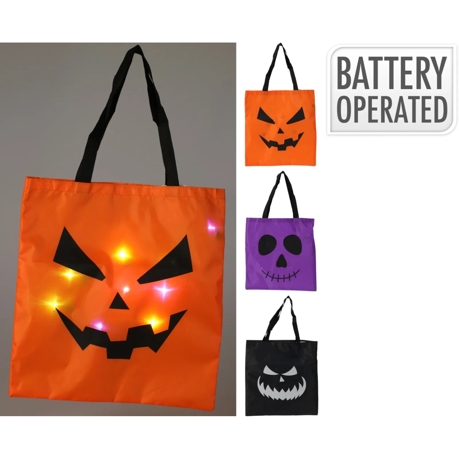Halloween-Tasche mit LED-Lichtern, 3 Designs: Kürbis, Geist, Fledermaus. Polyester, 32x34x1 cm.