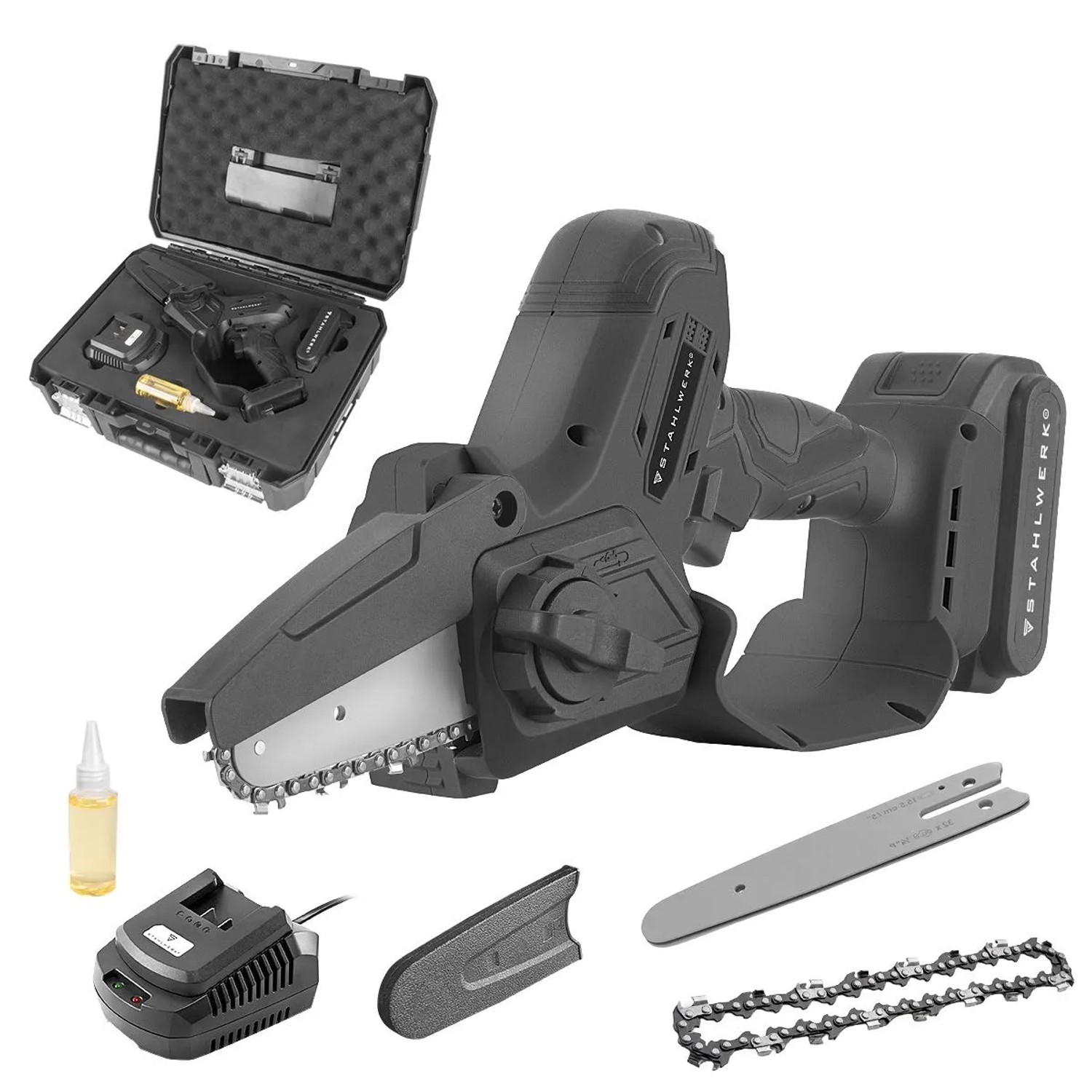 STAHLWERK Mini Akku Kettensäge 20 V Set Akku Ladegerät Ersatzkette Ersatzschwert