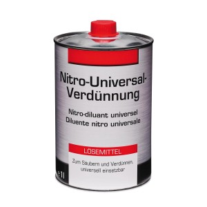 Nitro-Universal-Verdünnung, 1 Liter, transparentes Lösemittel im Metalleimer.