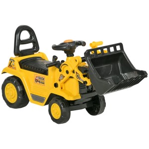 Gelber HOMCOM Sitzbagger für Kinder mit funktionierender Schaufel und Stauraum unter dem Sitz. Ideal als Aufsitzspielzeug.