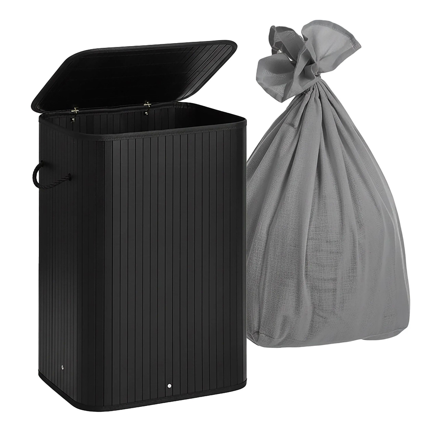 Relaxdays Wäschekorb Bambus Schwarz Faltbar mit Deckel 63 cm x 52 cm x 32 cm 2,1 kg