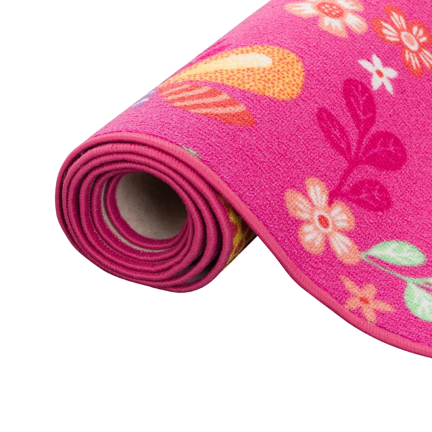 Gerollter, pinker Kinderteppich mit Schmetterlingen und Blumen, Snapstyle, 80x240cm.