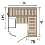 Grundriss der Weka Designsauna Sara 1: 194x194x141cm, mit Liegen, Ofen und abgerundeter Ecke.
