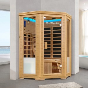 Artsauna Infrarotkabine Aalborg aus Hemlockholz mit Glasfront und LED-Beleuchtung.