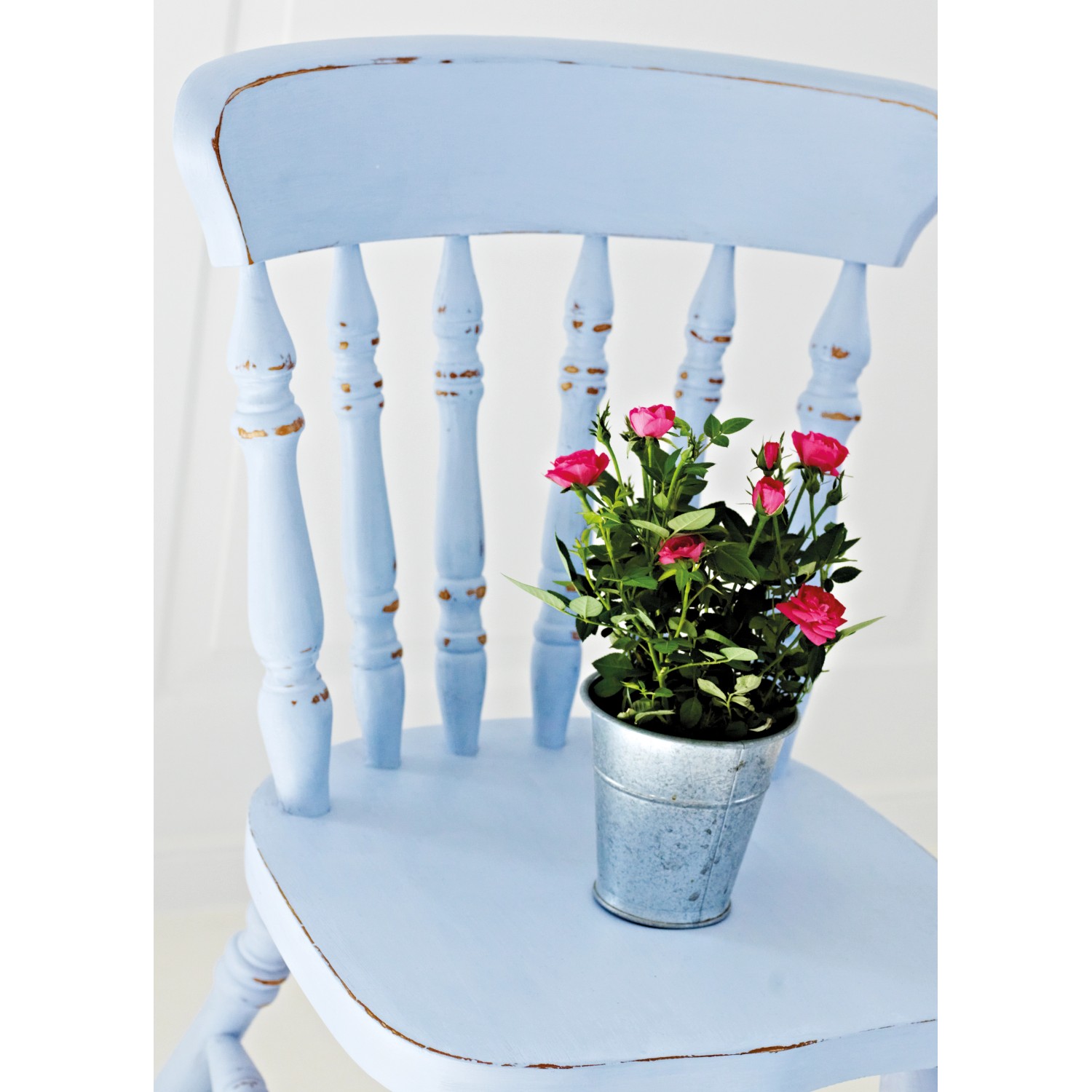 Taubenblauer Stuhl mit Kreidefarbe von Rust-Oleum und Topfblume. Ideal zum Möbel lackieren.
