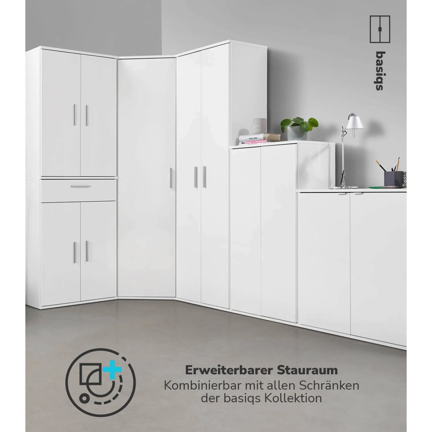 Weißer mokebo Eckschrank 'Der Lange' als Büroschrank-Kombination für mehr Stauraum.