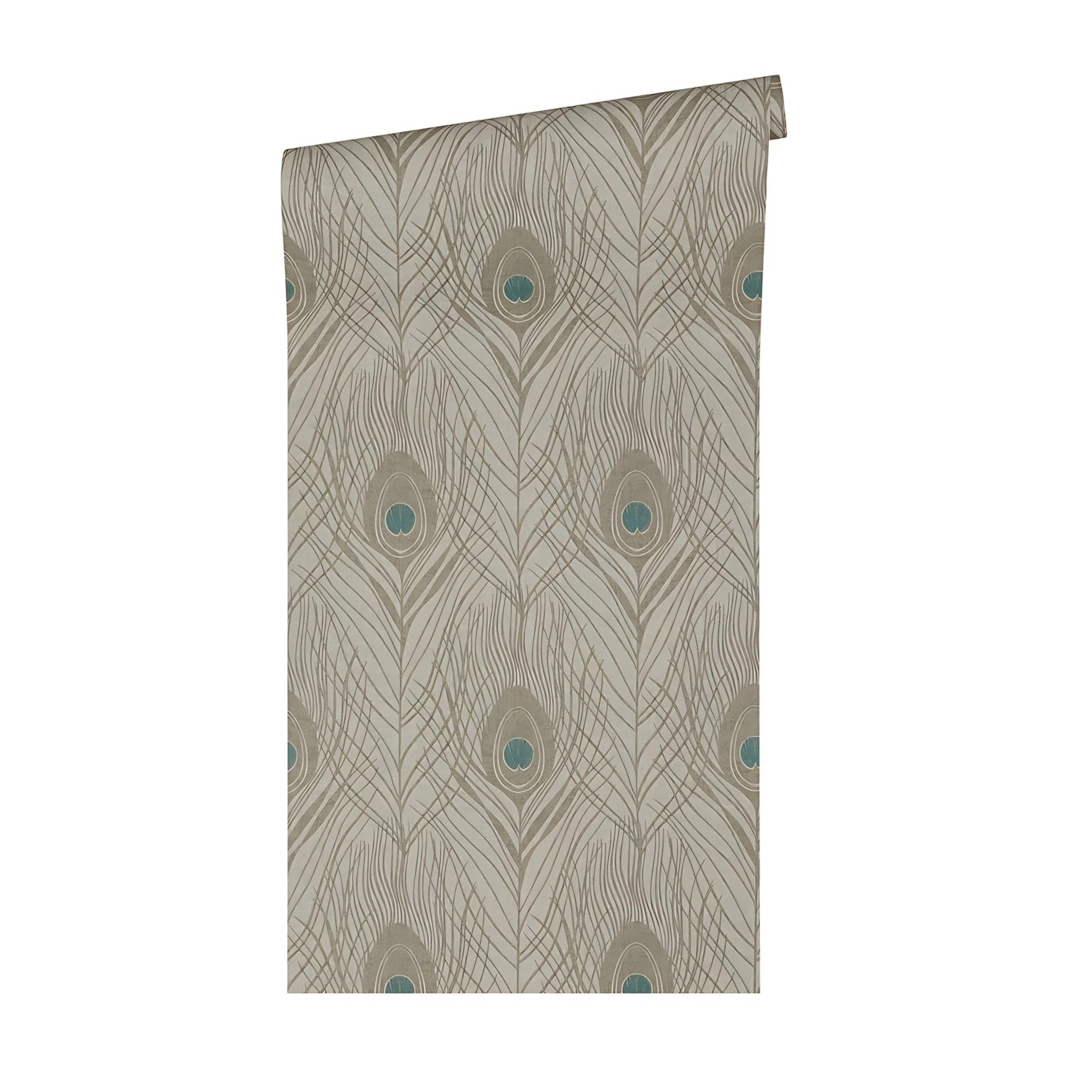 PROFHOME Vliestapete mit Federn in Braun, Grau und Blau. Dekorative Tapete für Wohnräume.