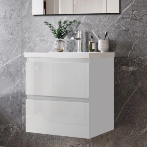 AICA Waschtisch mit Unterschrank, 50 cm, weiß hochglanz, 2 Schubladen, Softclose.