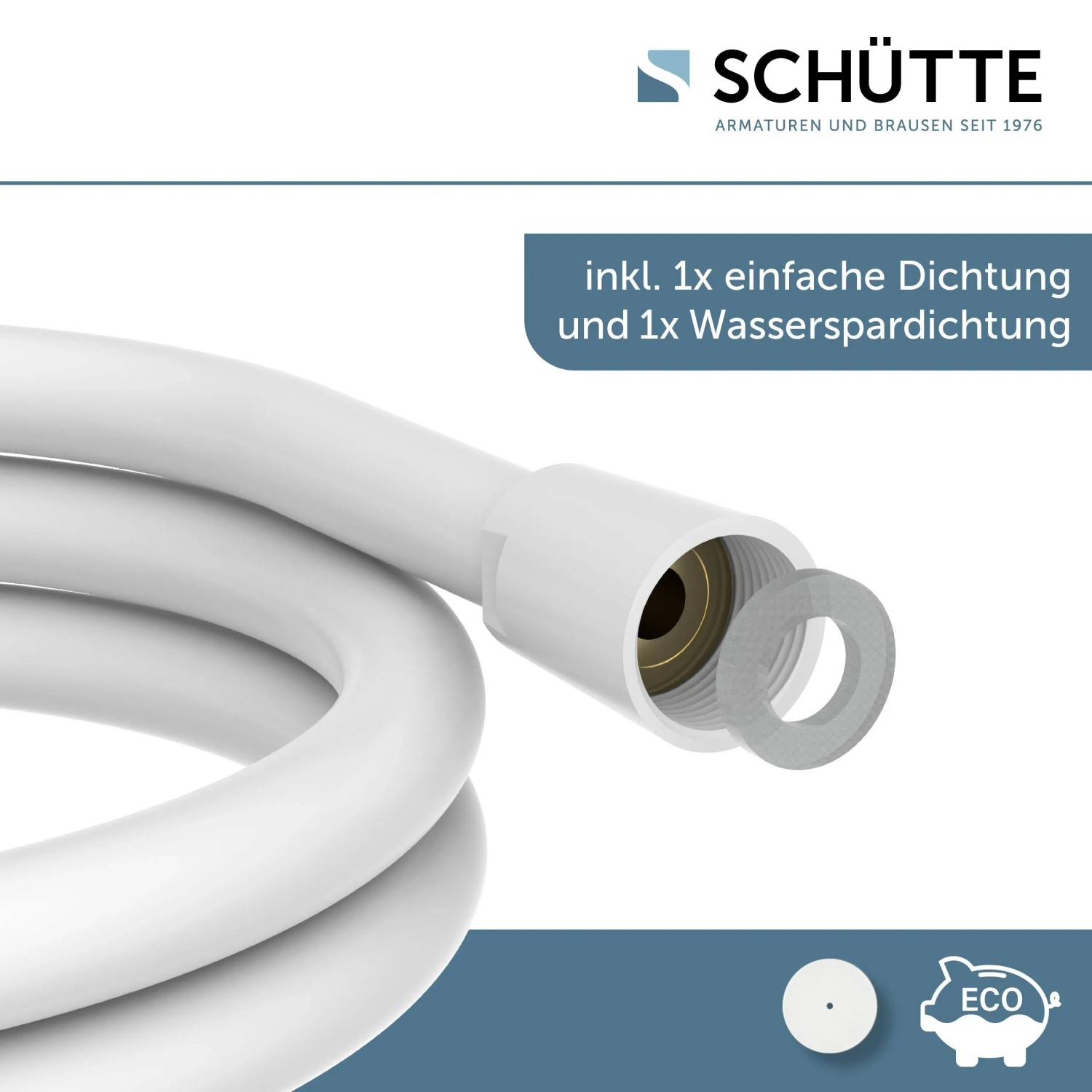 Schütte Brauseschlauch, 150 cm, weiß matt, mit Dichtungen für flexiblen Einsatz im Bad.