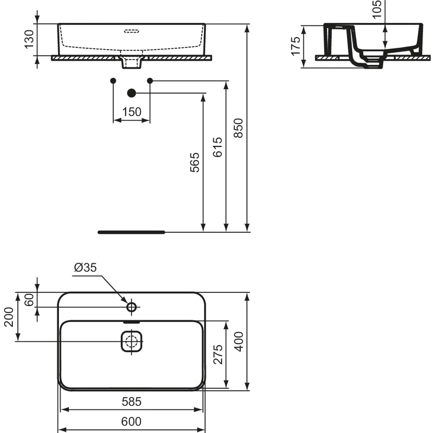 Technische Zeichnung: Ideal Standard Strada II Aufsatzwaschtisch, 60x40 cm, Hahnloch, Überlauf, weiße Keramik.