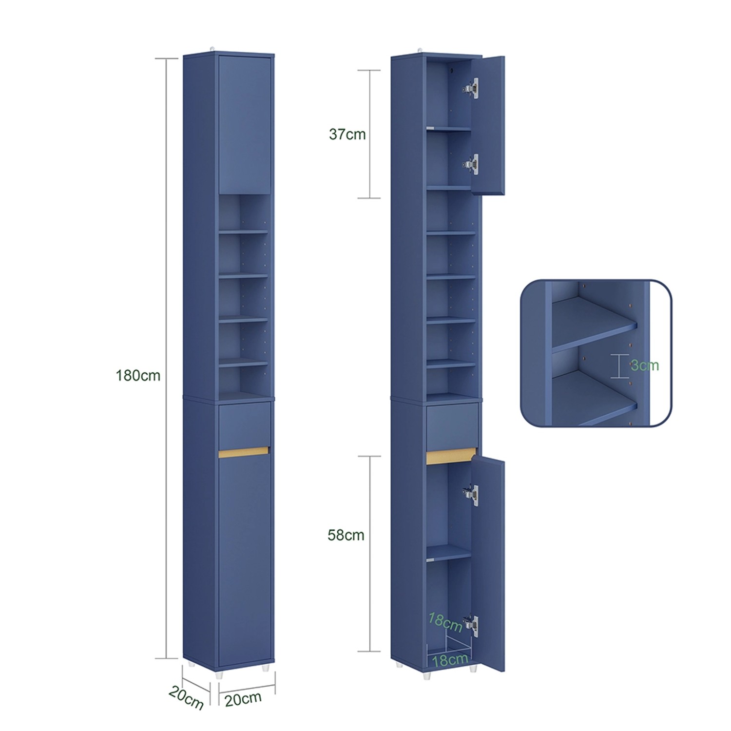 SoBuy Bad Hochschrank BZR34-II-B, blau, mit 6 Einlegeböden, 20x180x20cm. Ideal für kleine Bäder.