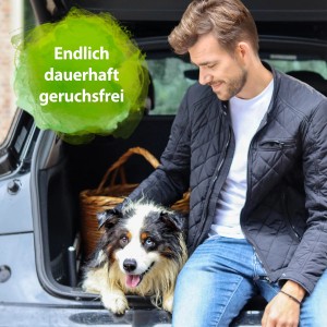 Bactador Auto Innenreiniger: Mann mit Hund im Kofferraum, Korb. Geruchsentfernung.