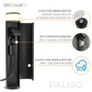 Schwarze SSC-LUXon Paliso Außenleuchte mit 2 Steckdosen und G9 Fassung, 46cm hoch.