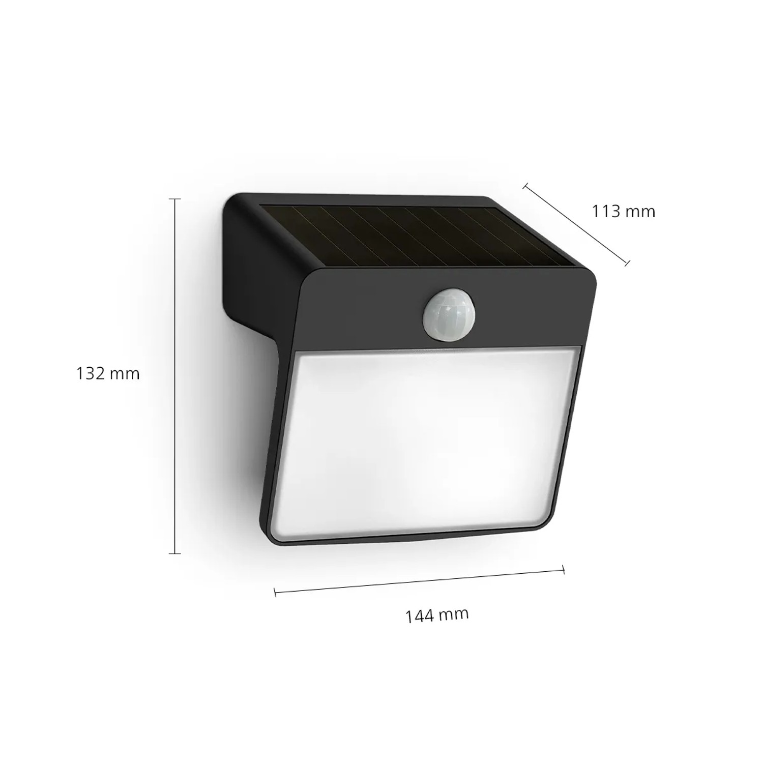 Schwarze Philips Yarixa Solar Wandleuchte mit Bewegungssensor und warmweißem Licht.
