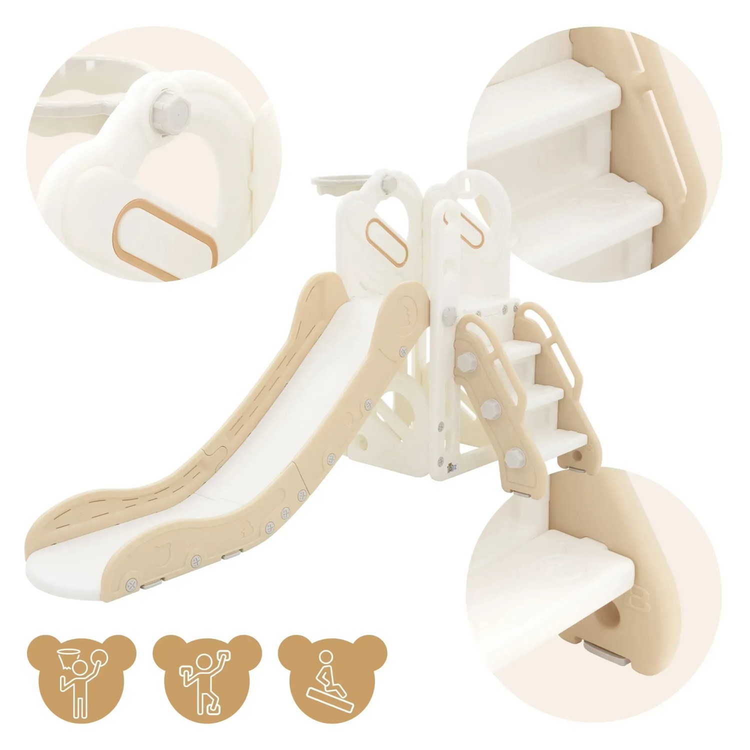 Joyz Kinderrutsche 3in1 in Weiß-Beige mit Turm und Basketballkorb aus Kunststoff.