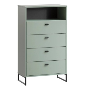 Schildmeyer Highboard Janne in Pistazie mit 4 Schubladen, offenem Fach und schwarzen Metallgriffen.