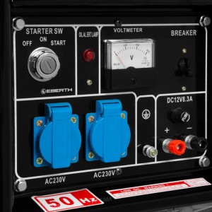 Detailansicht: EBERTH Stromerzeuger mit 230V Steckdosen, Voltmeter, Starter und 12V Anschluss.