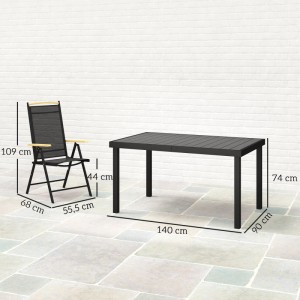 Outsunny Gartenmöbel-Set: schwarzer Aluminiumtisch 140x90cm, Klappstuhl mit Holzoptik-Armlehnen auf Terrasse.