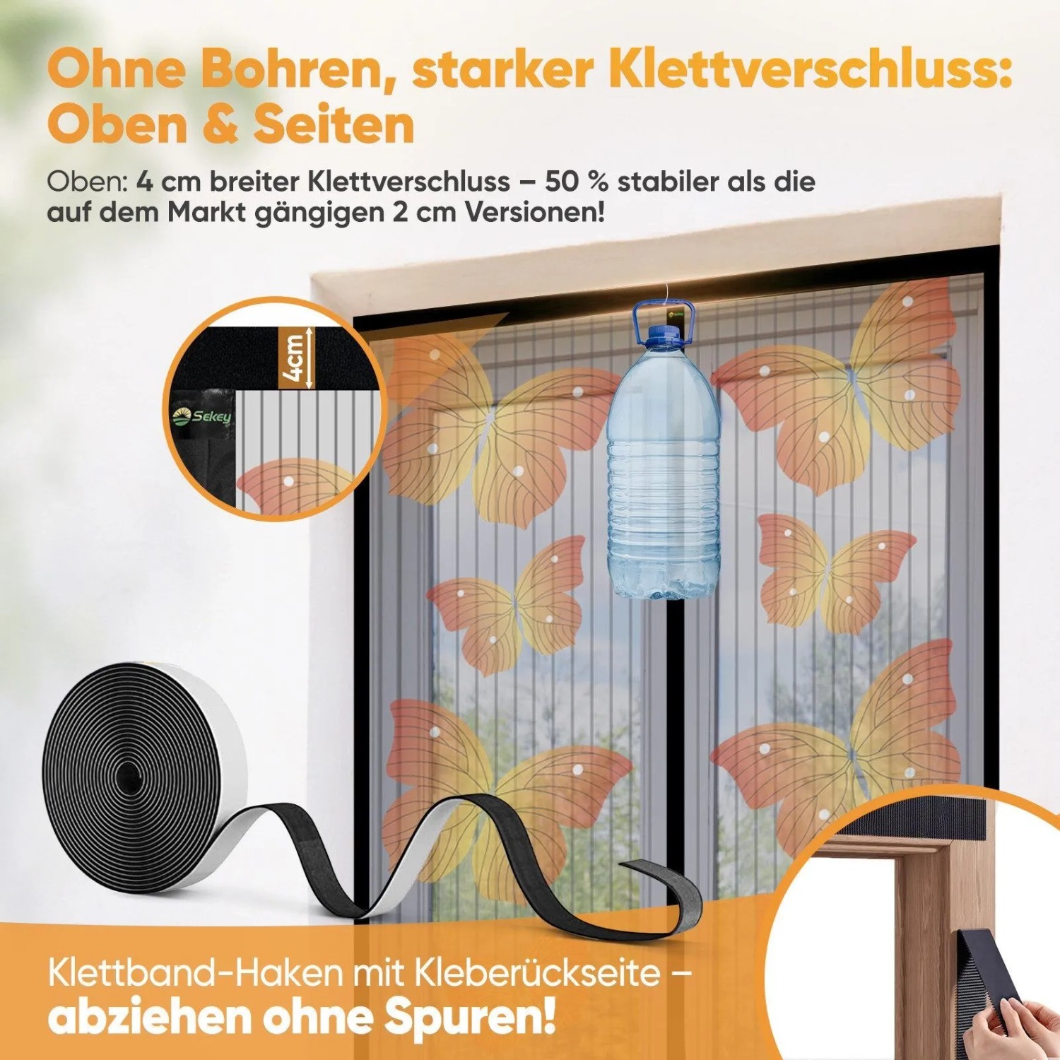 Sekey Insektenschutz-Tür mit Schmetterlingsmotiv, magnetisch, ohne Bohren. Starker 4cm Klettverschluss für einfache Montage.