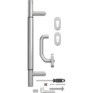 Stoßgriff-Set für Haustüren aus Edelstahl, variabel 400-600 mm, inklusive Befestigungsmaterial.