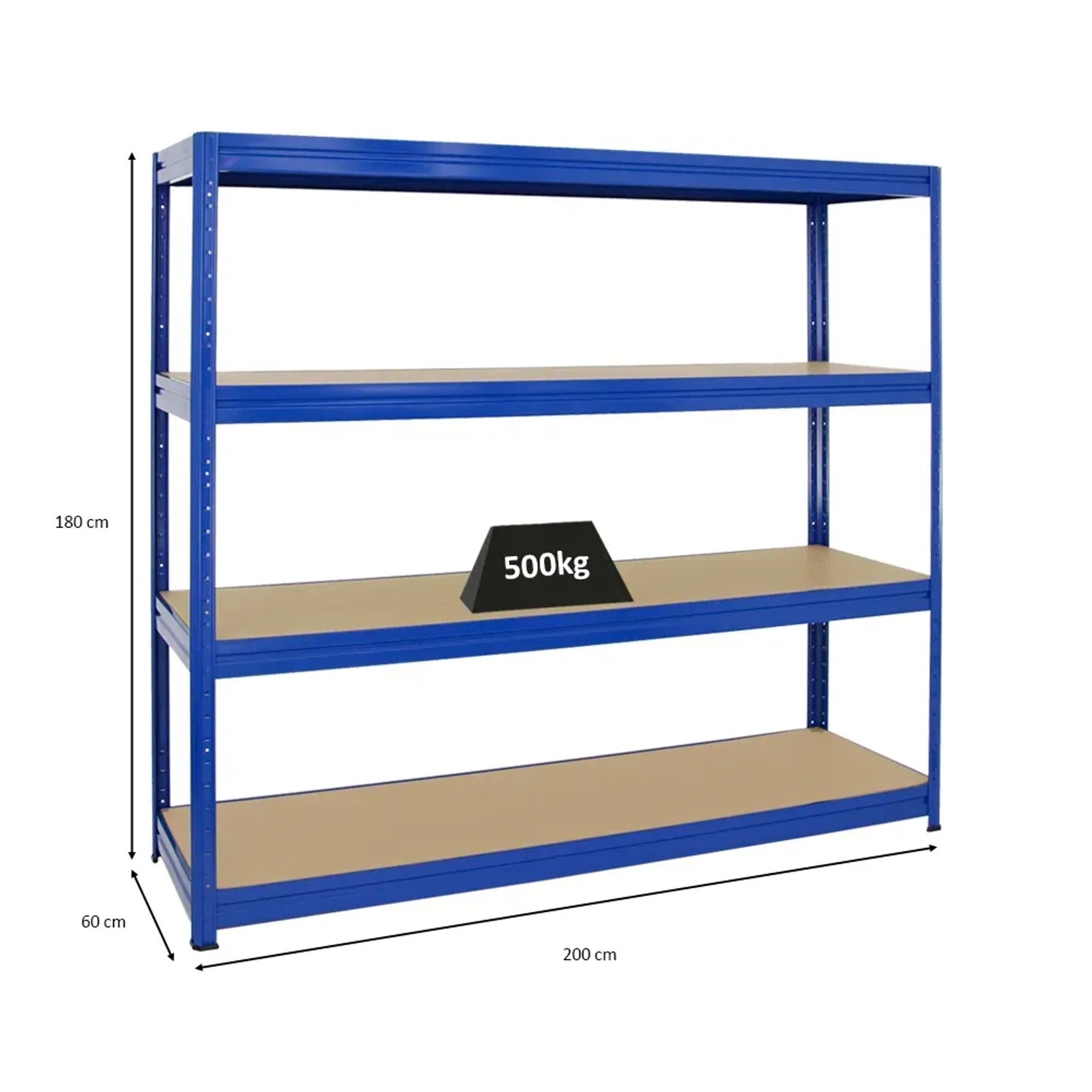 Blaues PROREGAL Schwerlastregal Dino, 180x200x60 cm, mit vier MDF-Fachböden und einer Fachlast von 500 kg.