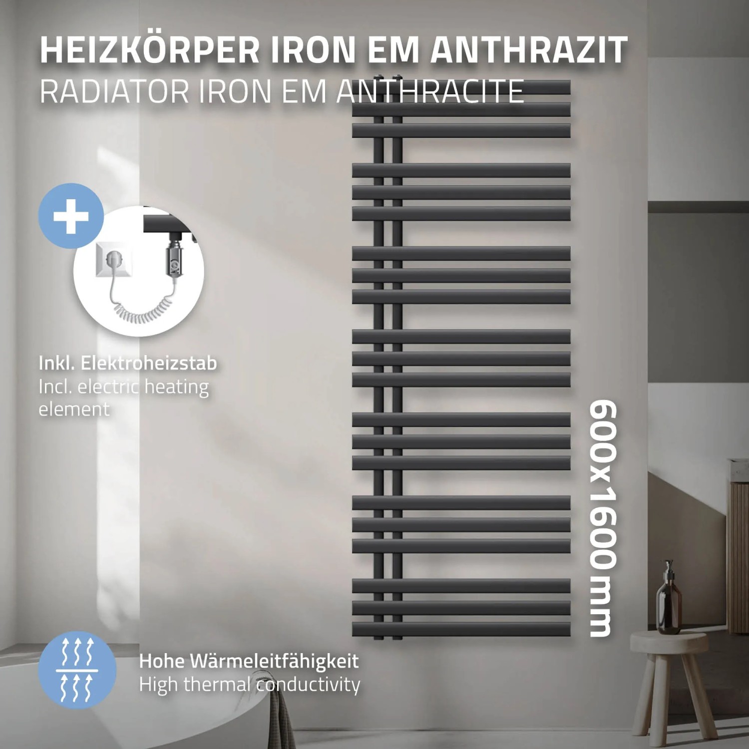 ECD Germany Iron EM Badheizkörper, 600x1600mm, Anthrazit mit Heizstab.