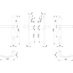 Technische Zeichnung: Hoppe Schmalschild-Türgriff-Garnitur Lima, Aluminium, Weiß, mit Maßangaben.