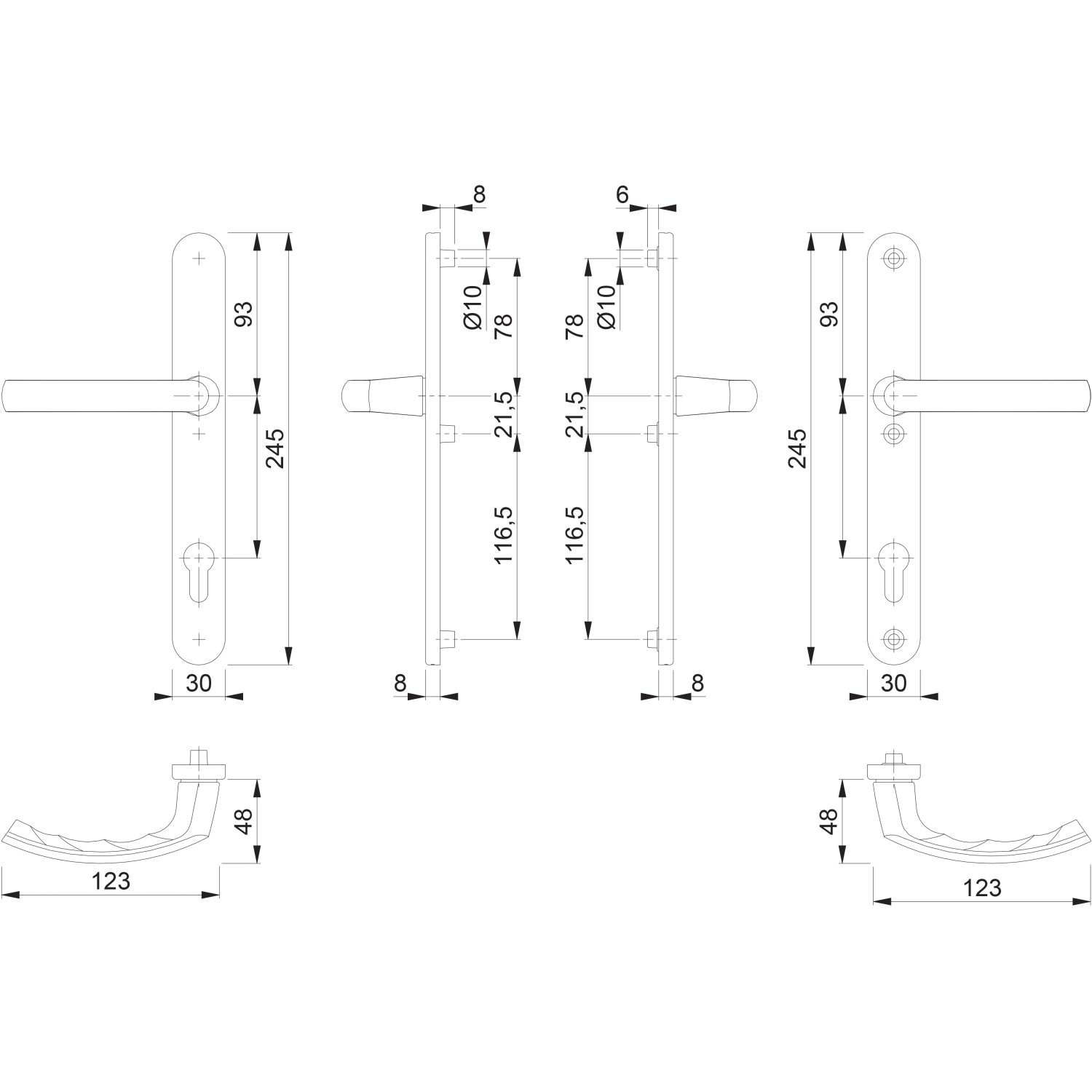 Technische Zeichnung: Hoppe Schmalschild-Türgriff-Garnitur Lima, Aluminium, Weiß, mit Maßangaben.